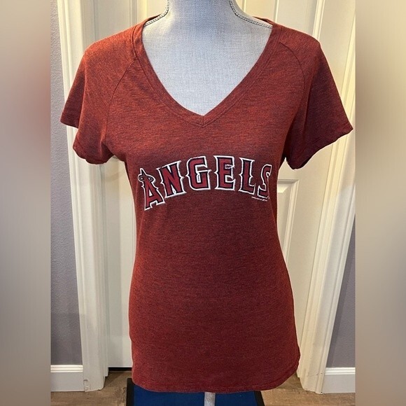 Women’s Angel’s Baseball V-Neck T-shirt Red Los Angeles Anaheim EUC MLB Large - Picture 1 of 9